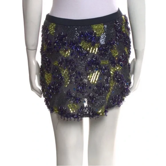 NWT DEREK LAM Beaded Embellished Ruched Mini Skirt in Navy and Green - Picture 2 of 9